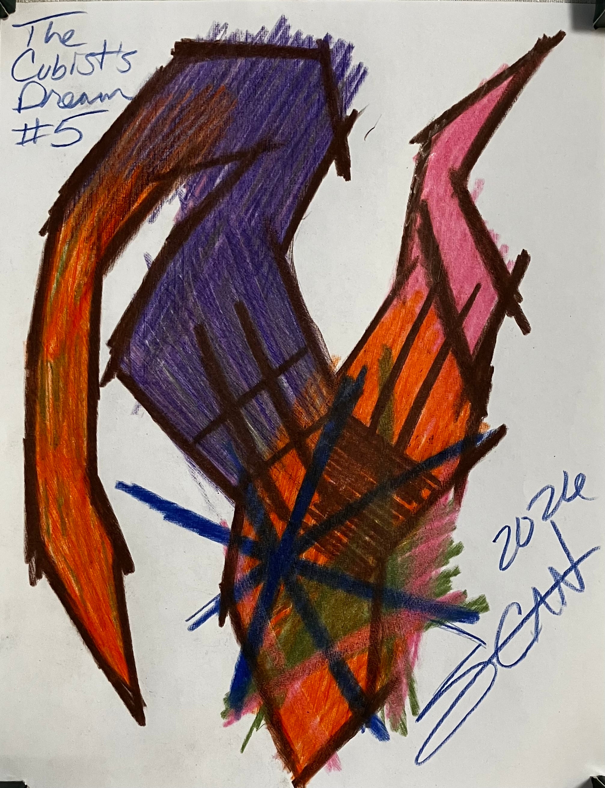 The Cubist’s Dream #5 created and owned by SCAN 2026; Crayola Color Pencils on 8.5x11 inch copier paper. Original art